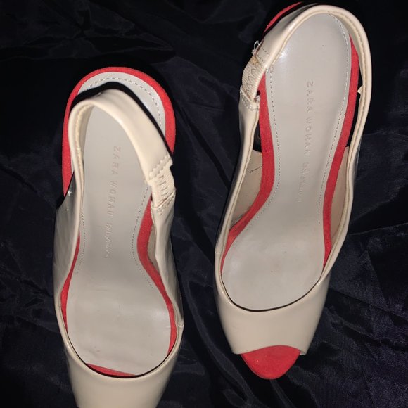 Zara, Neutral patent leather sling metal healed peep-toe platform shoe, size 6.5 - Picture 2 of 6